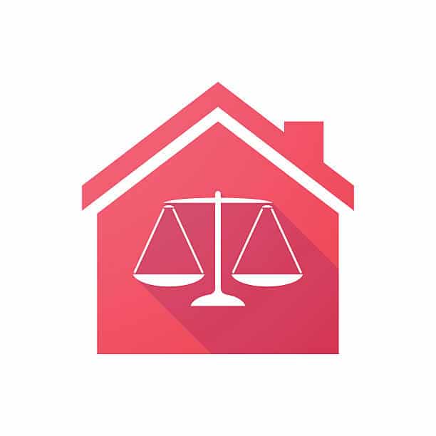 Illustration of a red house with the scales of justice in the foreground